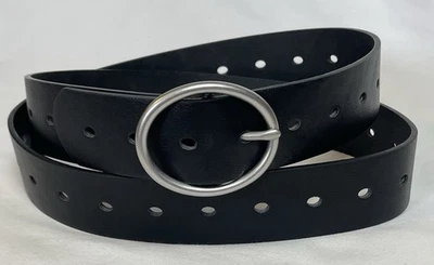 Faux Leather Belt Women’s 2XL/42 Black Cut Outs Silver Oval Buckle - Image 1 of 4