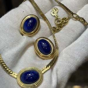 Vintage Christian Dior Signed Blue Cabochon Necklace & Clip Earrings Set - Picture 1 of 12