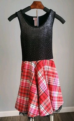 Vestido para niñas talla 12 negro brillante Top y divertida falda giratoria a cuadros con encaje Justice   Foto 1 de 4