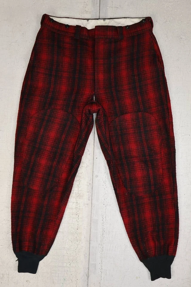 Vintage Wool Black/Red Woolrich Hunting Pants Sz 38x31 Cuff Patch Knee & Seat - Image 1 of 4