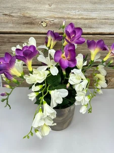 15" Silk White & Purple FREESIA flowers in 5" rustic Silver Metal Pot, handmade - Picture 1 of 6