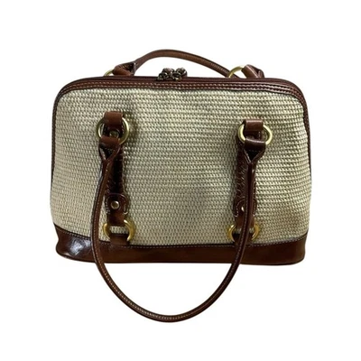 Giani Bernini Off-White Straw Top Handle Brown Leather Accent Satchel Purse Bag - Image 1 of 4