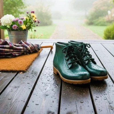 Botas de lluvia Lands’ End vintage de los años 80-1990 para mujer – verde oscuro con cordones de goma 9M Foto 1 de 4