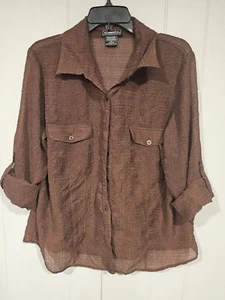 ELEMENTZ Brown Sheer Roll-Tab Sleeve Blouse Top Size XL Crinkle Textured - Picture 1 of 5