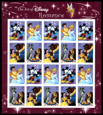 THE ART OF DISNEY US 2006 SCOTT #4025-4028 ROMANCE SET 20 MNH VF 39c STAMP SHEET - Image 1 of 3