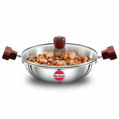 Hawkins Tri-Ply Stainless Steel Deep-Fry Pan, Kadhai, 1.5 litre, Glass Lid, 3mm - Image 1 of 4