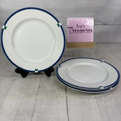 Juego de 3 platos de ensalada de porcelana fina blanca bloque verde banda azul Mikasa CAYMAN L5560 Foto 1 de 4