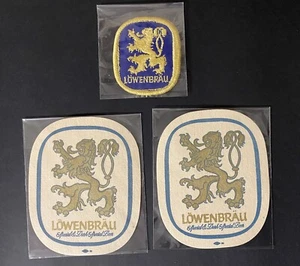 Lowenbrau Beer Patche 2 by 2 1/2 vintage Gold Lion Logo & Two Beer Coasters - Picture 1 of 2