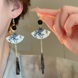 Chinese Style Earring Resin Charm Fan Clip-On Earrings Hook Ear Accessorie Alloy - Picture 1 of 19