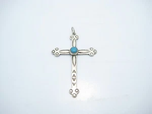 Native American Bell Trading Post Sterling Silver Cross Blue Turquoise Pendant - Picture 1 of 6