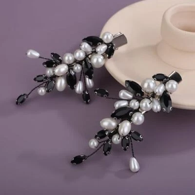  2pcs Dainty Black Crystal Pearl Wedding Hair Barrette Bridal Rhinestone Hair  - Image 1 of 4