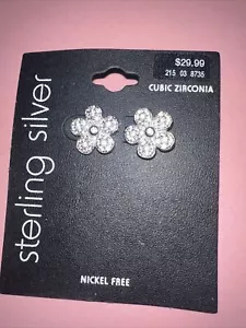 Sterling Silver Post Earrings, Nickel Free Cubic Zirconia, NEW Flowers On Posts - Picture 1 of 2