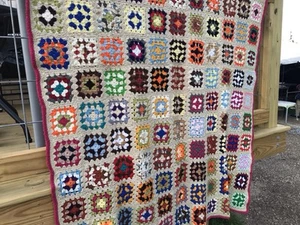 Vintage Crochet Throw Blanket 61” X 51” Coffee Colored Background - Picture 1 of 3