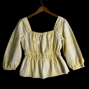 Free Assembly Women's Yellow 3/4 Sleeve Square Neck Top Peplum Plaid SZ/ S - Picture 1 of 16