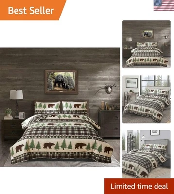 Lujoso juego de edredón rústico tamaño king - Acogedora colcha a cuadros con fundas de almohada Foto 1 de 4