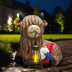 Highland Cow Gnome Solar Statues Decor - Garden Gnomes Statues Highland Cattle M - Picture 1 of 12