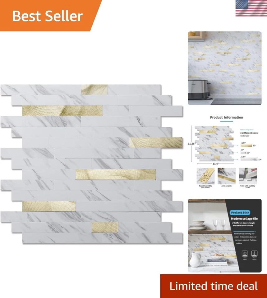 Juego de azulejos de salpicadero flexibles hágalo usted mismo pelar y pegar - pizarra blanca impermeable + dorado Foto 1 de 4