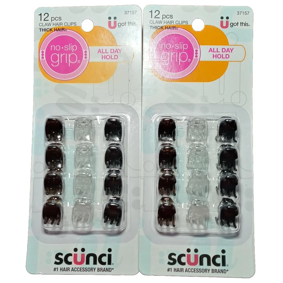 SCUNCI No Slip Grip All Day Hold Thick Hair Mini Jaw Clips 12 Ct Pack of 3