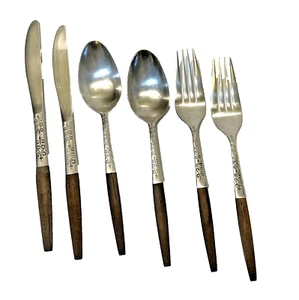 Vintage Interpur Stainless Japan Flatware Wood Handles 4 ea Forks Spoons Knives - Picture 1 of 11