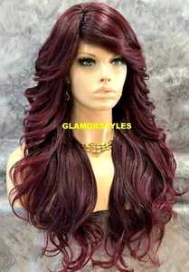 FULL WIG LONG WAVY LAYERED SKIN SIDE PART OFF BLACK BURGUNDY MIX HEAT OK NWT - Picture 1 of 7