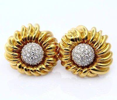 Vintage Tiffany And Co Large Flower 18K Yellow Gold Diamond 1.75ct Earrings - Image 1 of 4