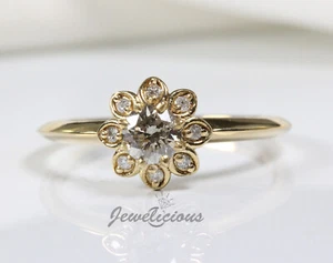 New 14K Yellow Gold Natural Champagne Diamonds Unique Dainty Flower Ring - Picture 1 of 6