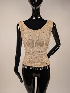 VINTAGE 1950’S IVORY WOOL TOP W SEQUIN + PEARL BEAD DANGLE TRIM - Picture 1 of 9