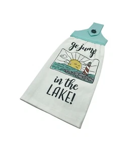 Turquoise Hanging Dishtowel "Go Jump in the Lake" Sunrise on White Background - Picture 1 of 6