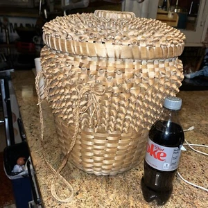 Native American Splint Wood Basket w/ Curl Design & Lid All Curl Handles 15” - Picture 1 of 16
