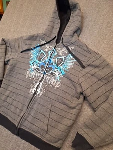 Grunge y2k Large Split Blue Cross Emo Zip Grey Hoodie Cyber Medium Sherpa Lined - Picture 1 of 12