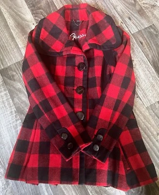 Abrigo Guess Pea Chaqueta Mezcla Lana Mujer Pequeño Rojo Búfalo Abrigo a Cuadros Foto 1 de 4