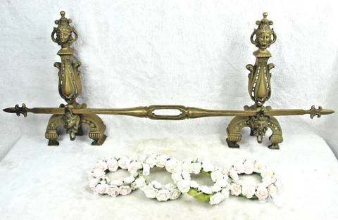 Bronze antique Fireplace andiron mantel set fleur de lys Caryatid satyr devil Cover