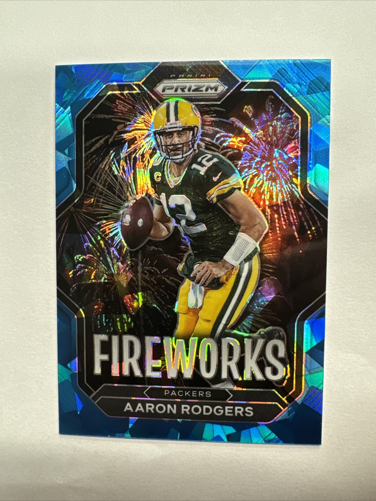 Aaron Rodgers 2022 Panini Prizm 25/99 Blue Cracked Ice Fireworks Bookend