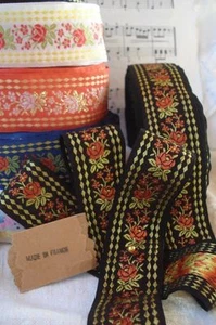 1y VTG FRENCH 1 3/8"  ORANGE RUST BLACK ROSE FLOWER JACQUARD BROCADE RIBBON TRIM - Picture 1 of 5