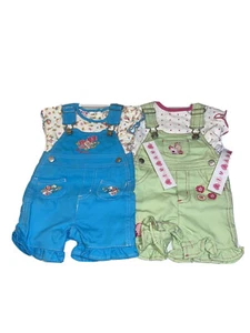 Vtg MAYFAIR Baby 0-3 mod Overall Shorts Denim Lot of 2; Green & Blue NWT - Picture 1 of 11
