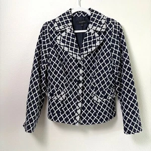 Talbots Blazer Jacket Size 10 Navy Blue White Diamond Print 3-Button Cotton NWOT - Picture 1 of 13