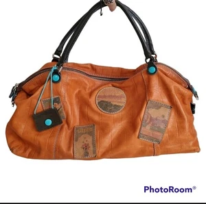 Gabs Italy Burnt Orange Textured Leather Turquoise World Travel Stamp Patch Bag - Picture 1 of 13