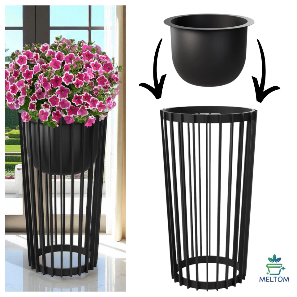 Blumenkübel Rund Einsatz Blumentopf Design & Plastikständer SET XXL Schwarz - Bild 1 von 3