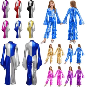 Girls Disco Jumpsuits Color Block Metallic Flared Hippie Singer Star Fancy Dress - Picture 1 of 86