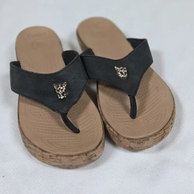 CROCS Leigh Cork Leather Sandals Rhinestone Jaguar Flip Flops Womens 8 Black - Image 1 of 4