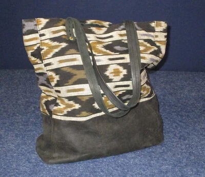 Bolso de Mano Cynthia Vincent Cuero y Tela Estampado Azteca Negro Azul Oliva Tostado Foto 1 de 4