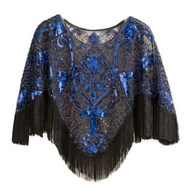 Women Sequin Tassel Cape Wrap Shawl Lace Mesh Glitter Bolero Shrug Top Wedding - Image 1 of 4