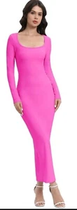 Square Neck Long Sleeve Knit Ribbed Bodycon Formfitted Pink Maxi Dress SOFT LARG - Picture 1 of 7