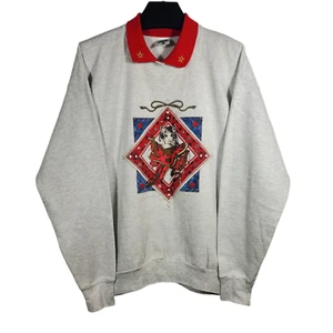 VTG Western Cat Collared Sweatshirt XL Grey Red Puff-Paint Saddle Hearts Gopher - Picture 1 of 5