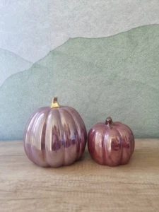 Halloween Purple Pumpkin. Ceramic autumn decor. Golden stem. Brilliant.Set of 2 - Picture 1 of 9
