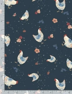 Timeless Treasures Country Cottage by Rachel Grant CD1100 Navy Tossed HensCotton - Picture 1 of 1