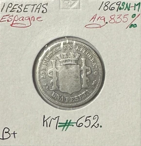ESPAGNE - 1 PESETAS 1869 SN-M - Pièce de Monnaie en Argent // Qualité : B - Picture 1 of 2