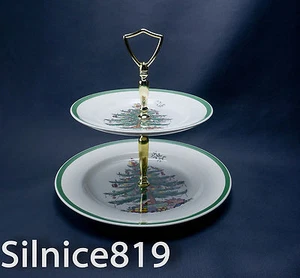 Spode Christmas Tree Two Tier Tidbit Tray set Gold Hardware - Picture 1 of 4