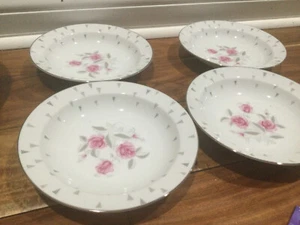 4 pc set Sango Arcadia Dinnerware pink rimmed soup bowls 7.5'' MINT - Picture 1 of 10