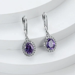 Silver Plated Dangle Drop Earrings Hook Amethyst Fashion Jewelry Lab-Created - Picture 1 of 3